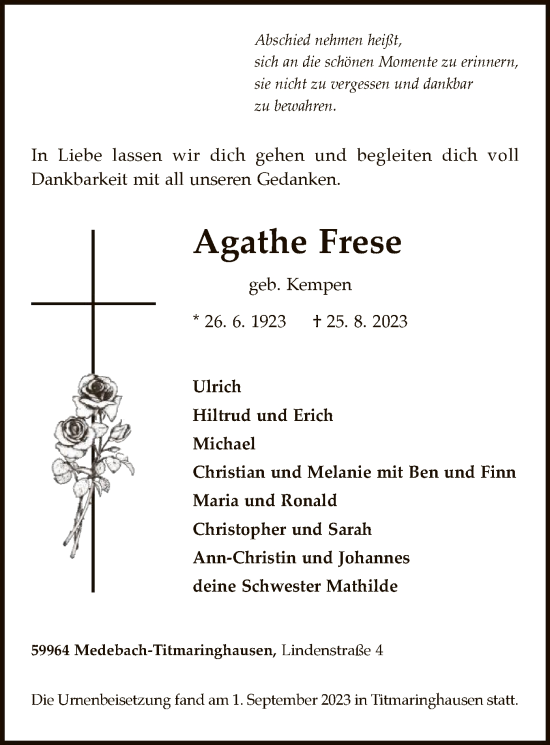 Todesanzeige von Agathe Frese von WAWAWA
