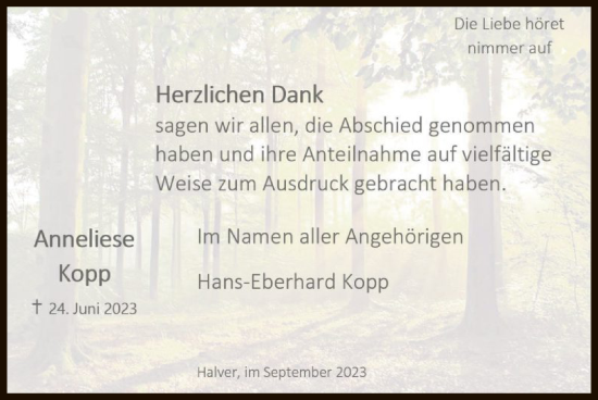 Todesanzeige von Anneliese Kopp von WA