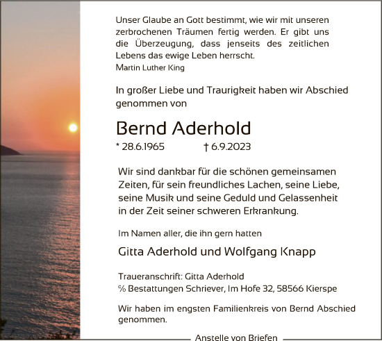 Todesanzeige von Bernd Aderhold von WA