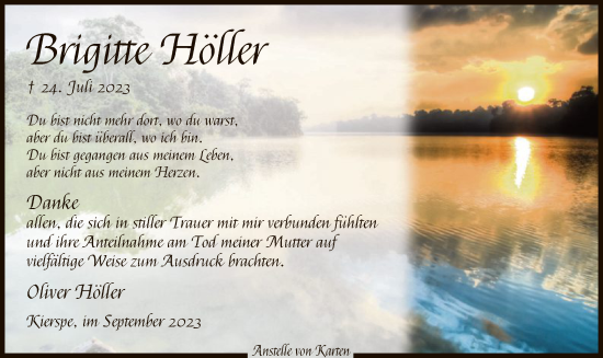 Todesanzeige von Brigitte Höller von WA