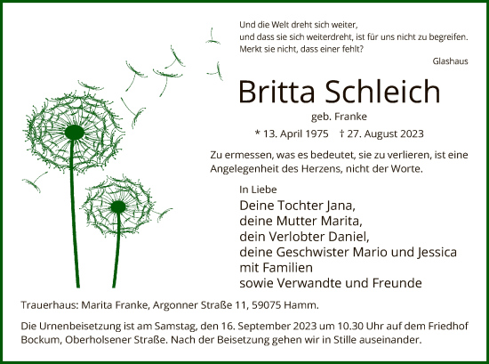 Todesanzeige von Britta Schleich von WA