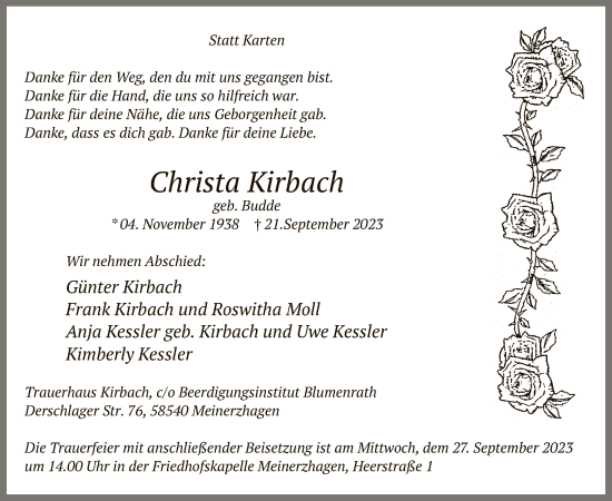 Todesanzeige von Christa Kirbach von WA