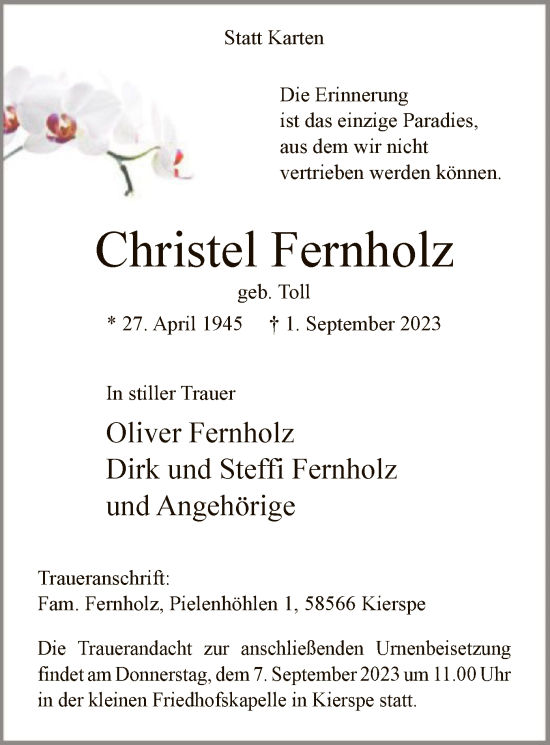 Todesanzeige von Christel Fernholz von WA