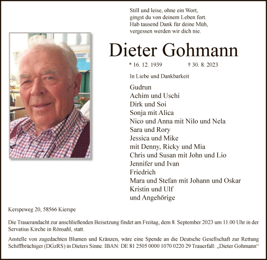 Todesanzeige von Dieter Gohmann von WA