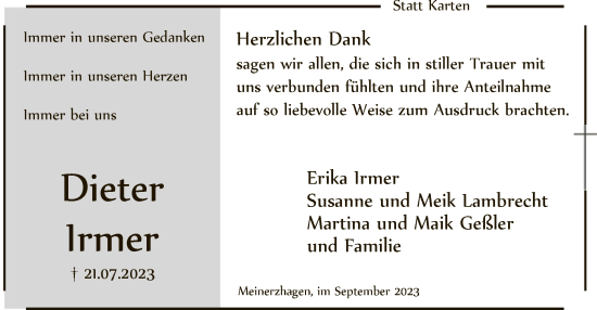 Todesanzeige von Dieter Irmer von WA