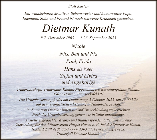 Todesanzeige von Dietmar Kunath von WA