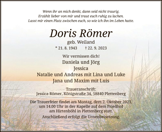 Todesanzeige von Doris Römer von WA
