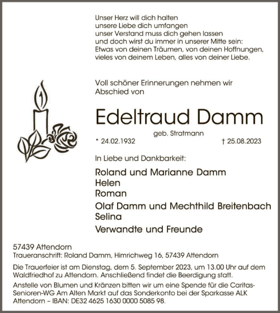 Todesanzeige von Edeltraud Damm von WAWA