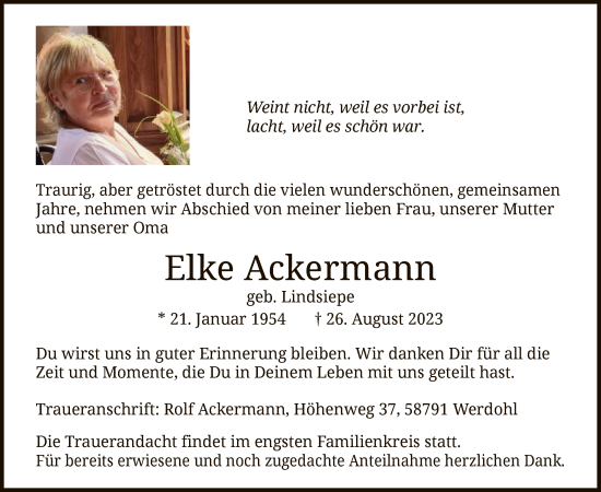 Todesanzeige von Elke Ackermann von WA