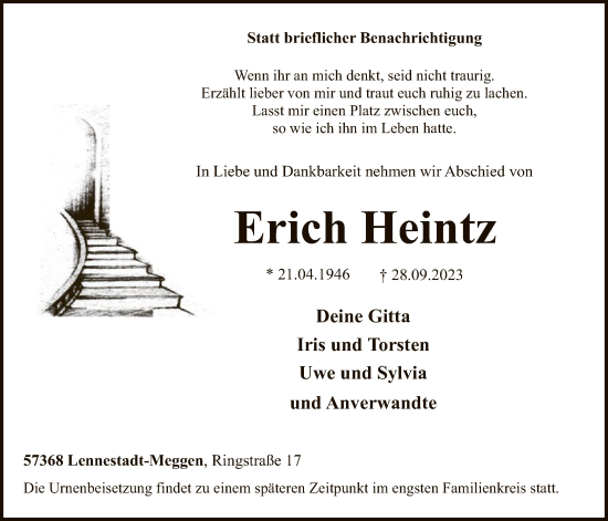Todesanzeige von Erich Heintz von WA