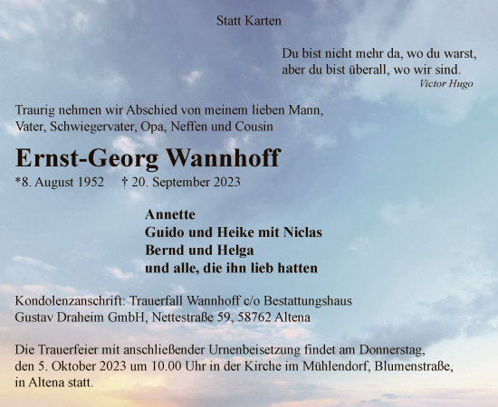 Todesanzeige von Ernst-Georg Wannhoff von WA