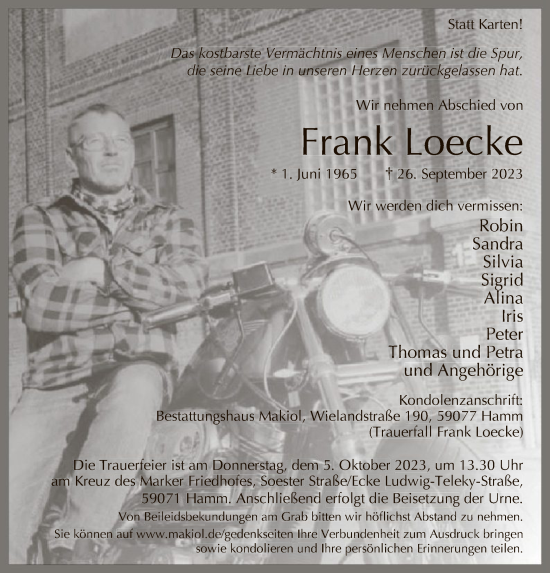 Todesanzeige von Frank Loecke von WA
