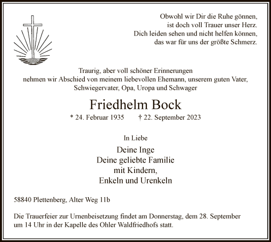 Todesanzeige von Friedhelm Bock von WA