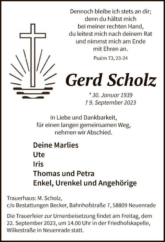 Todesanzeige von Gerd Scholz von WA