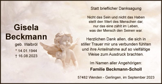 Todesanzeige von Gisela Beckmann von WA