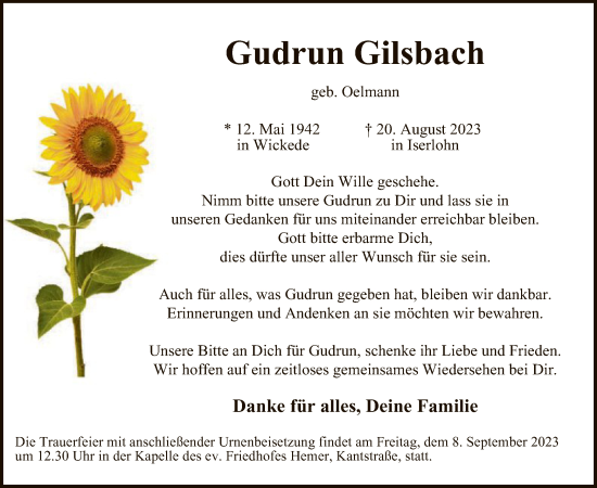 Todesanzeige von Gudrun Gilsbach von WA