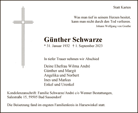 Todesanzeige von Günther Schwarze von WA