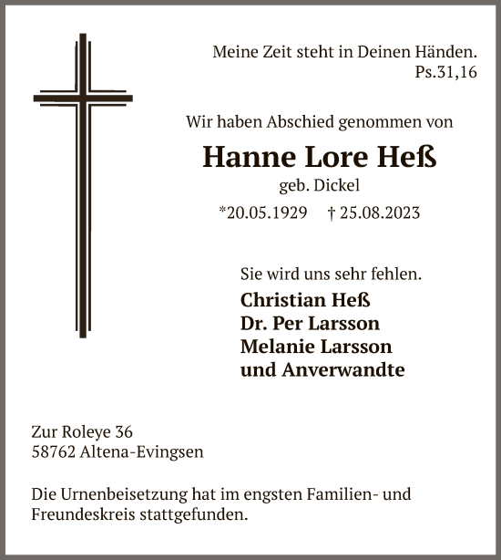 Todesanzeige von Hanne Lore Heß von WA
