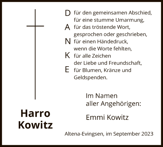 Todesanzeige von Harro Kowitz von WA