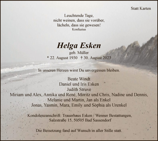 Todesanzeige von Helga Esken von WA