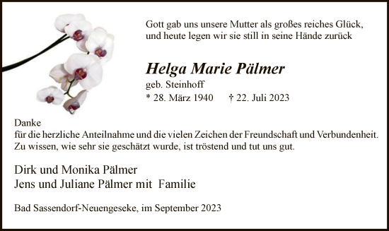 Todesanzeige von Helga Marie Pälmer von WA
