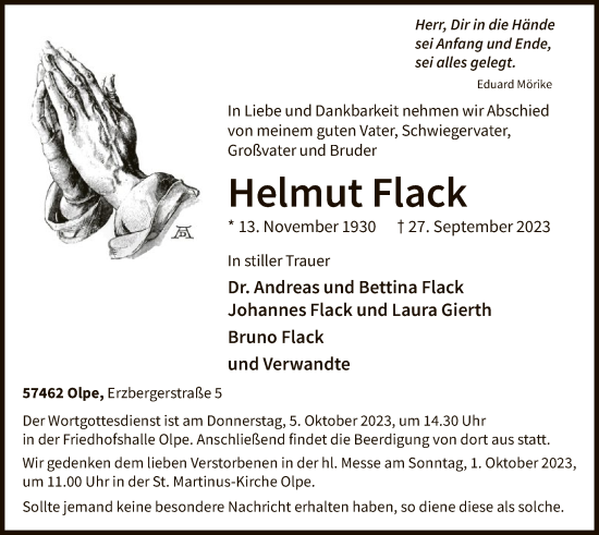 Todesanzeige von Helmut Flack von WA