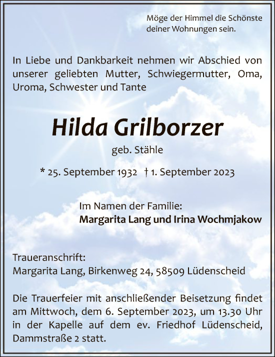 Todesanzeige von Hilda Grilborzer von WA