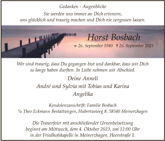 Todesanzeige von Horst Bosbach von WA