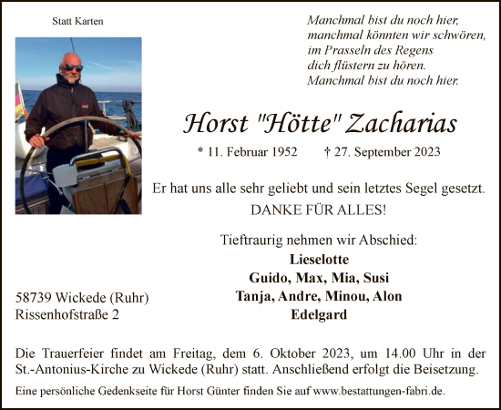 Todesanzeige von Horst Zacharias von WA