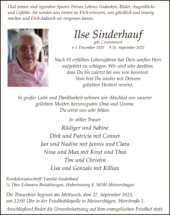 Todesanzeige von Ilse Sinderhauf von WA