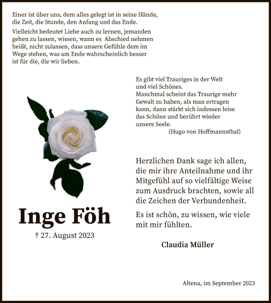 Todesanzeige von Inge Föh von WA