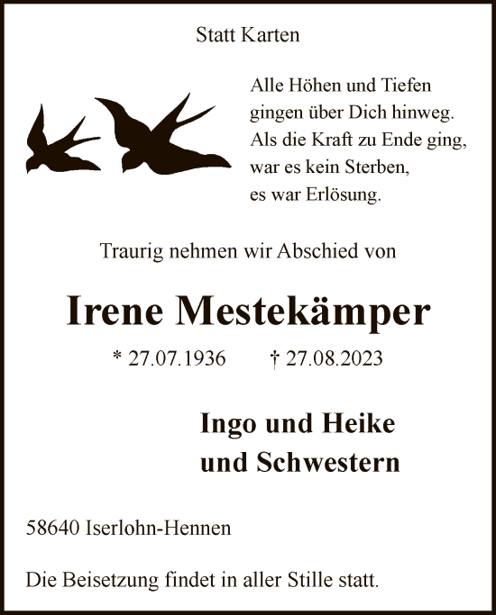 Todesanzeige von Irene Mestekämper von WA