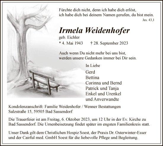 Todesanzeige von Irmela Weidenhofer von WA