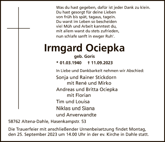 Todesanzeige von Irmgard Ociepka von WA