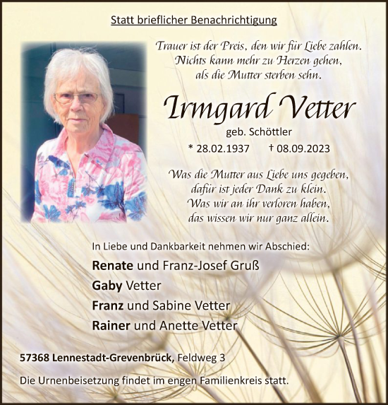 Todesanzeige von Irmgard Vetter von WA