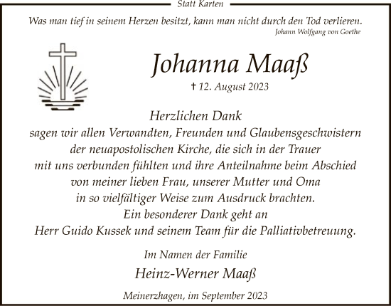 Todesanzeige von Johanna Maaß von WA