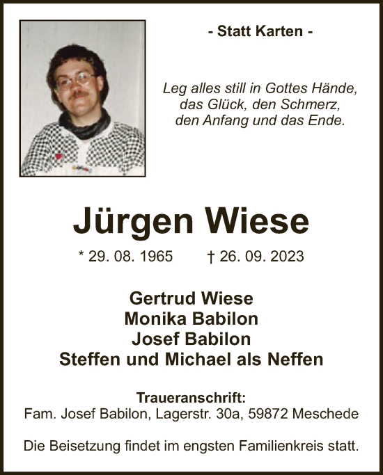 Todesanzeige von Jürgen Wiese von WA