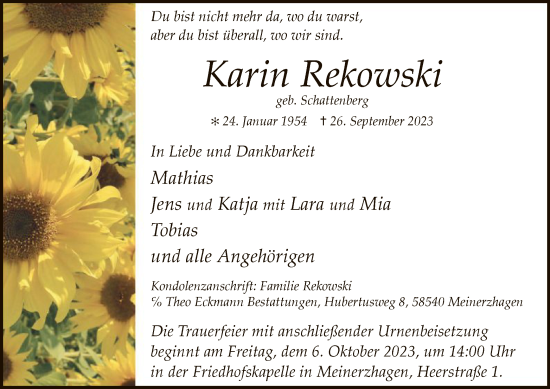 Todesanzeige von Karin Rekowski von WA
