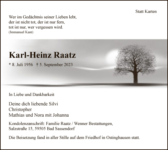 Todesanzeige von Karl-Heinz Raatz von WA