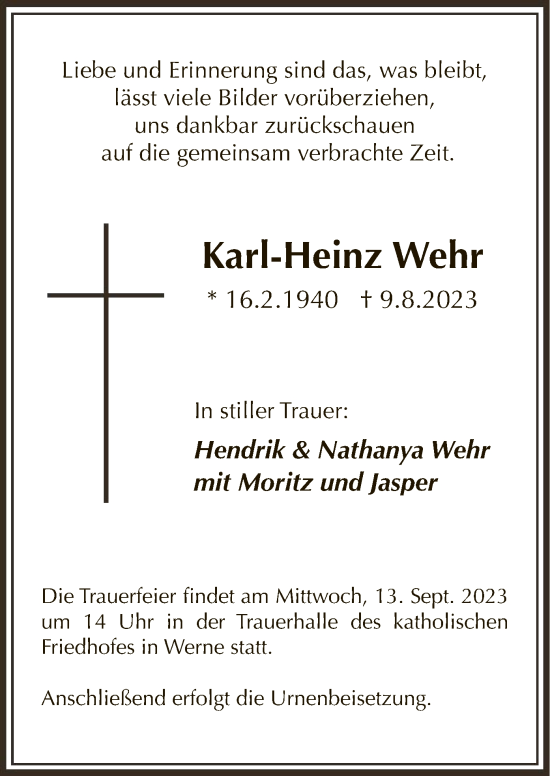Todesanzeige von Karl-Heinz Wehr von WA
