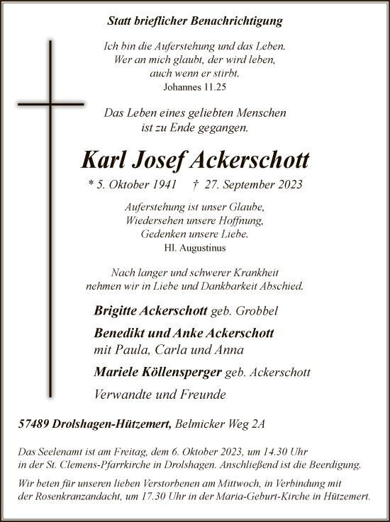 Todesanzeige von Karl Josef Ackerschott von WA