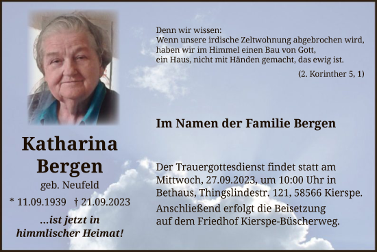 Todesanzeige von Katharina Bergen von WA