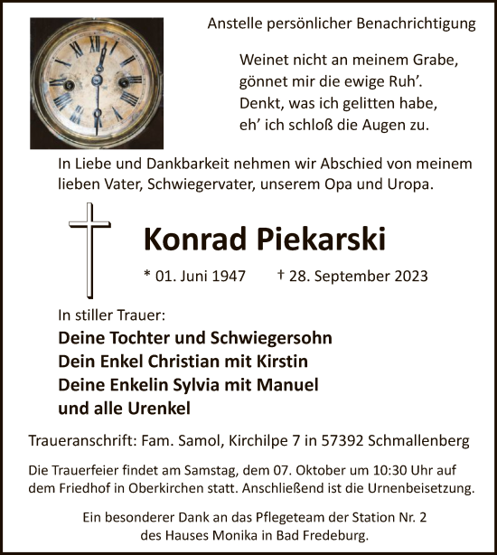 Todesanzeige von Konrad Piekarski von WA