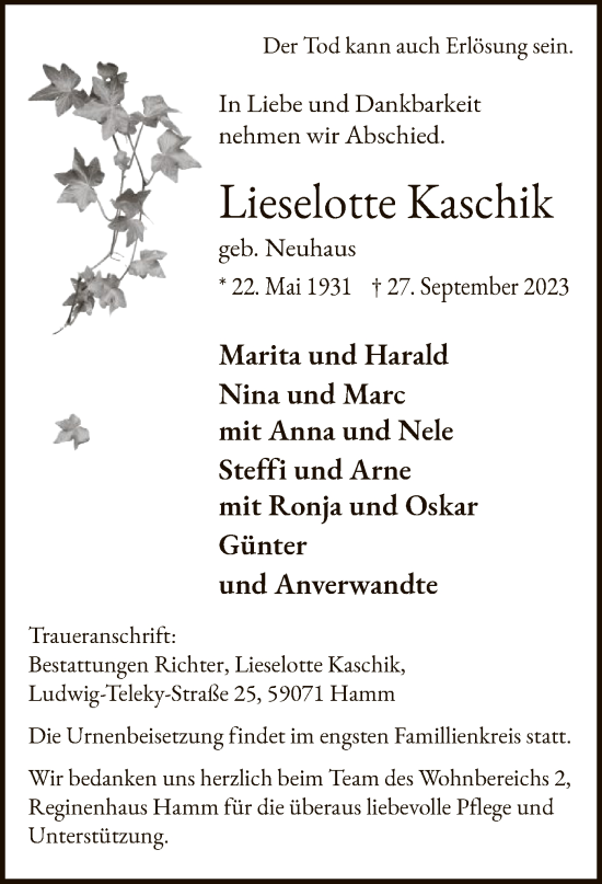 Todesanzeige von Lieselotte Kaschik von WA