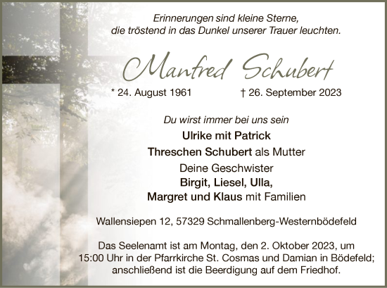 Todesanzeige von Manfred Schubert von WA