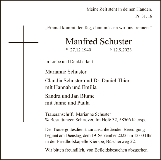 Todesanzeige von Manfred Schuster von WA