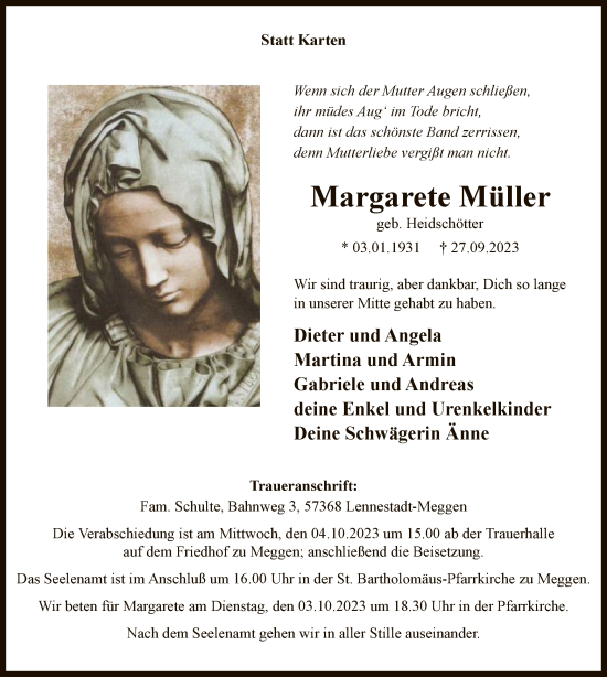 Todesanzeige von Margarete Müller von WA