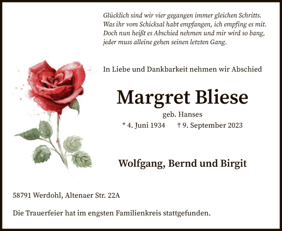 Todesanzeige von Margret Bliese von WA