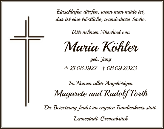 Todesanzeige von Maria Köhler von WA