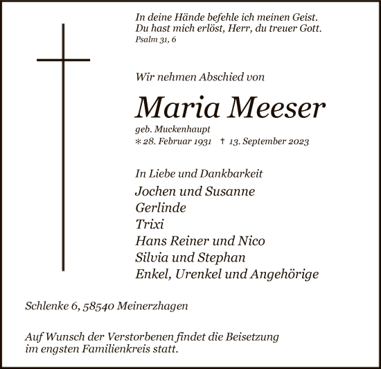Todesanzeige von Maria Meeser von WA
